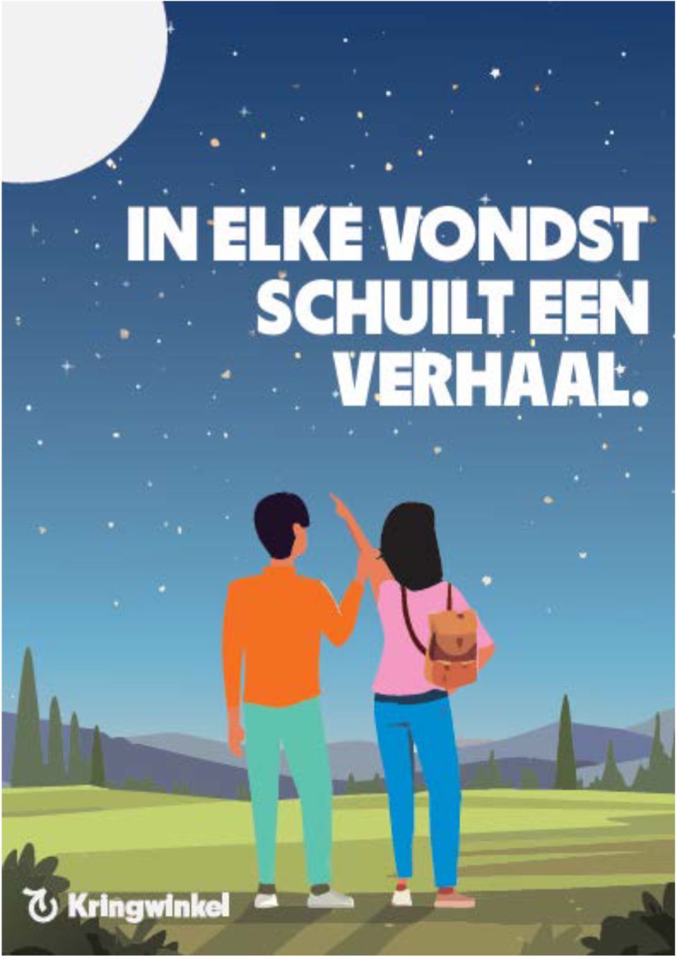 Campagneaffiche met twee mensen die naar een sterrenhemel kijken en de tekst In elke vondst schuilt een verhaal.