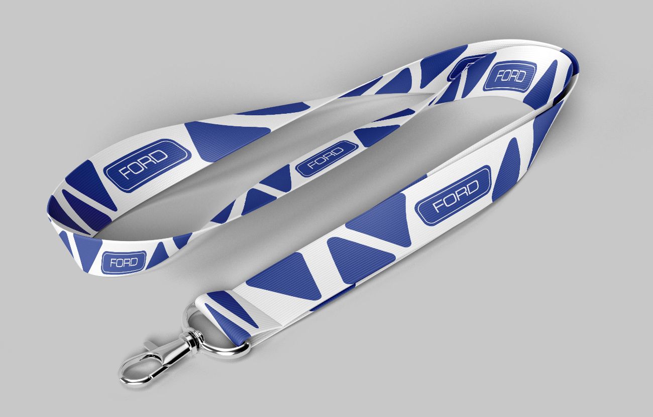 Blauw-wit lanyard-ontwerp met Ford-logo en dynamische geometrische composities.