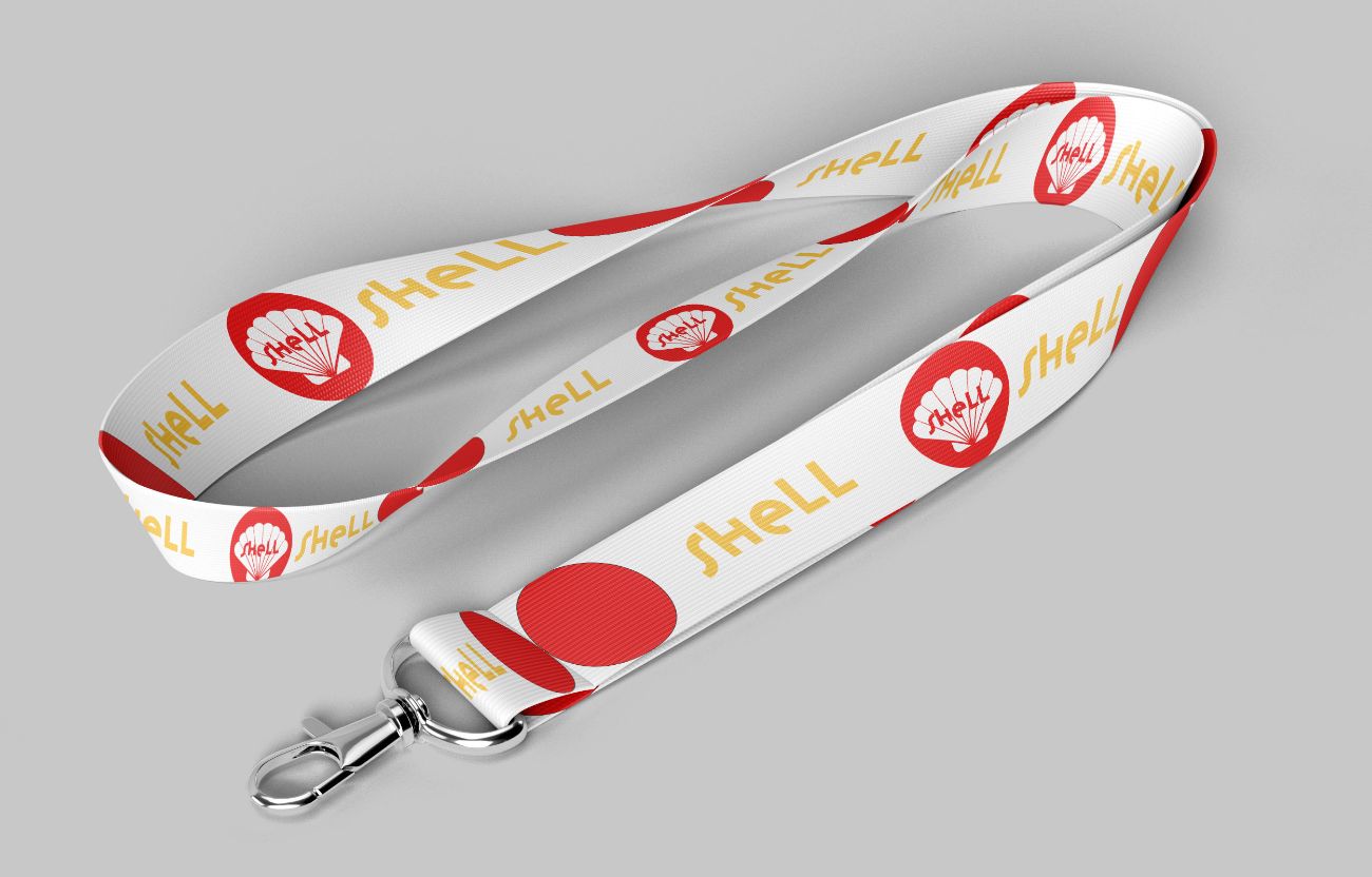 Lanyard-ontwerp voor Shell met het rood-gele logo in een herhaald patroon.