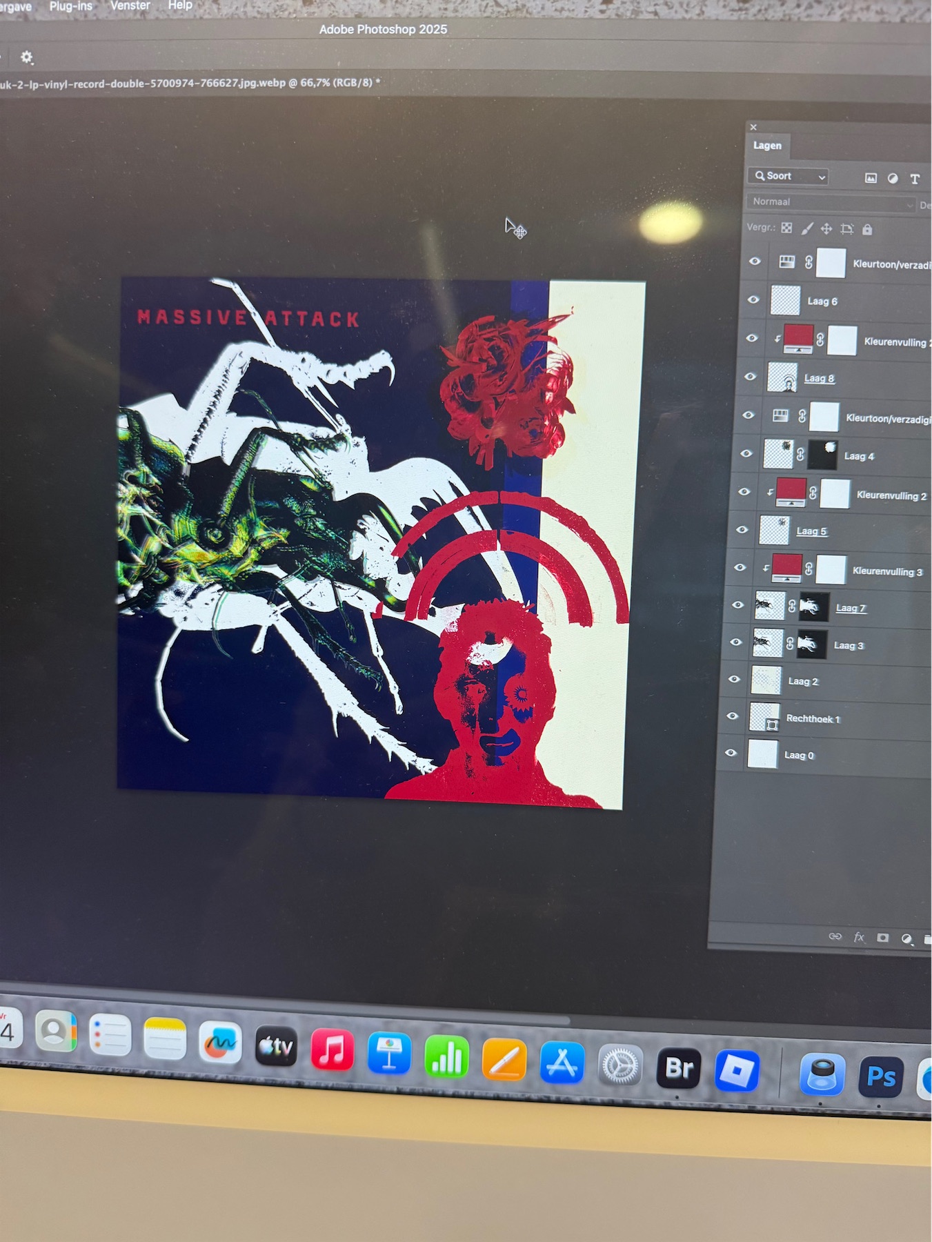 The artwork open in Photoshop on a computer screen, with the layers panel visible on the right.