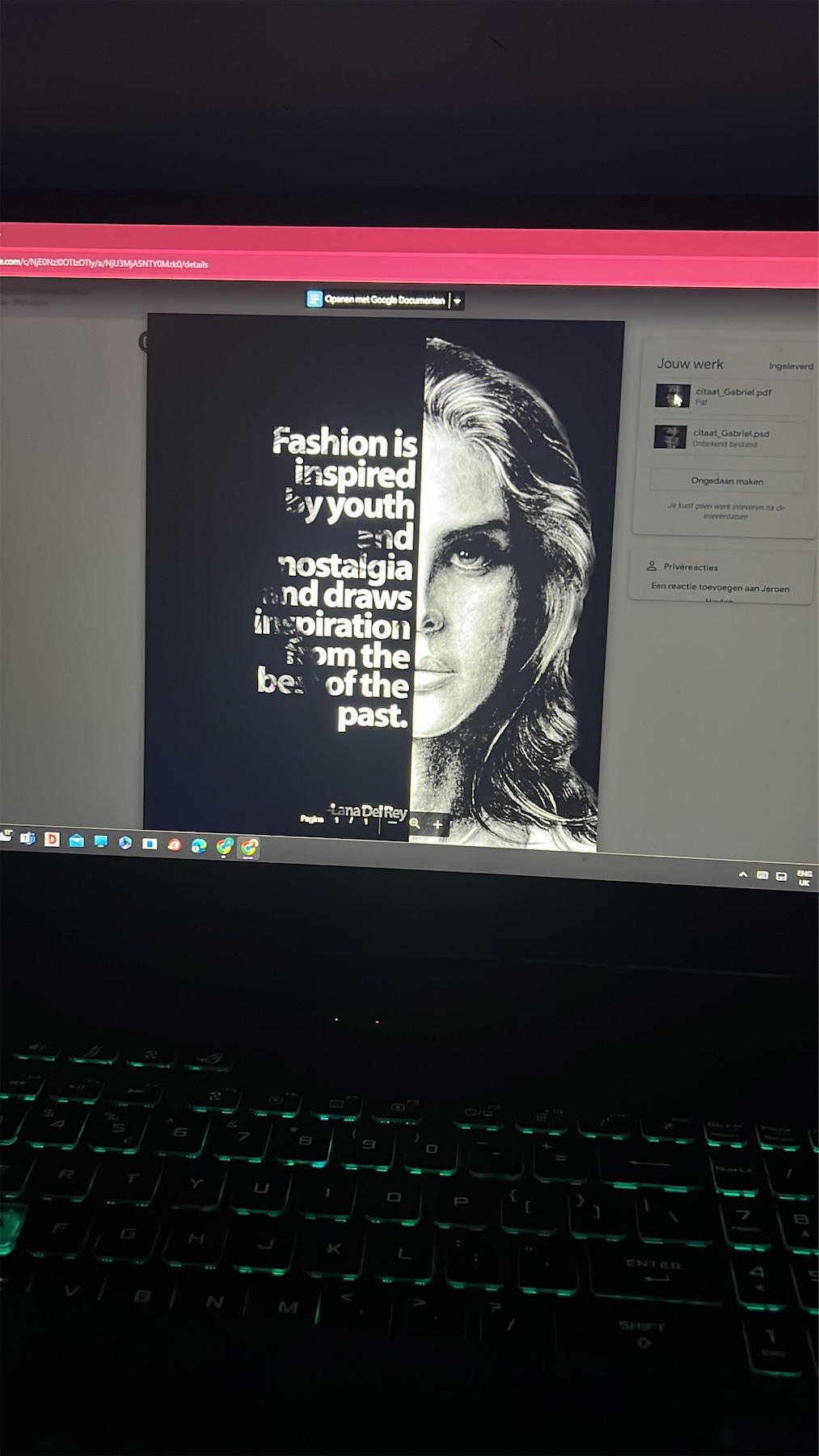Black-and-white design on a screen: a half portrait next to a quote about fashion, youth and nostalgia.
