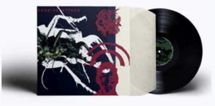 Vinylhoesontwerp met een abstracte grafische compositie en een zwarte plaat.