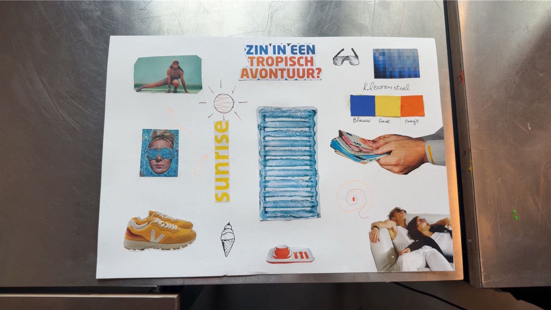 Physical moodboard on a table with summer imagery, sneakers, water, a colour palette and the word Sunrise.