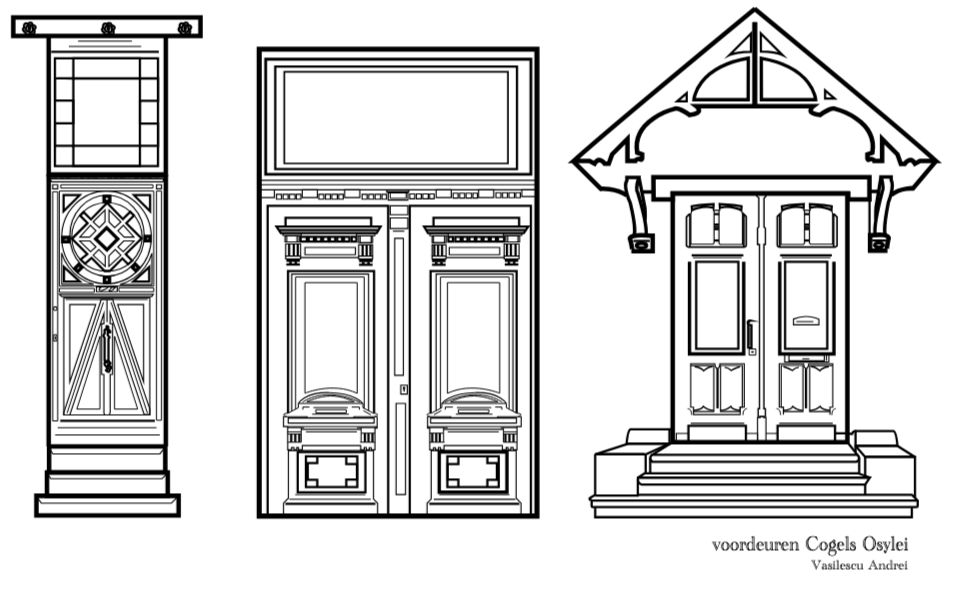 Gedetailleerde lijnillustraties van drie voordeuren aan de Cogels-Osylei.