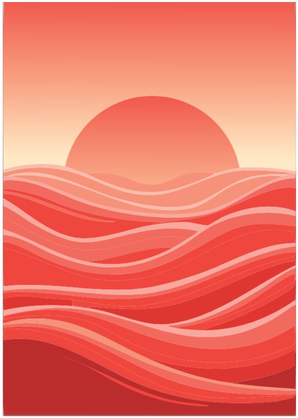 Abstracte illustratie van een zonsondergang boven golvende rode lijnen.
